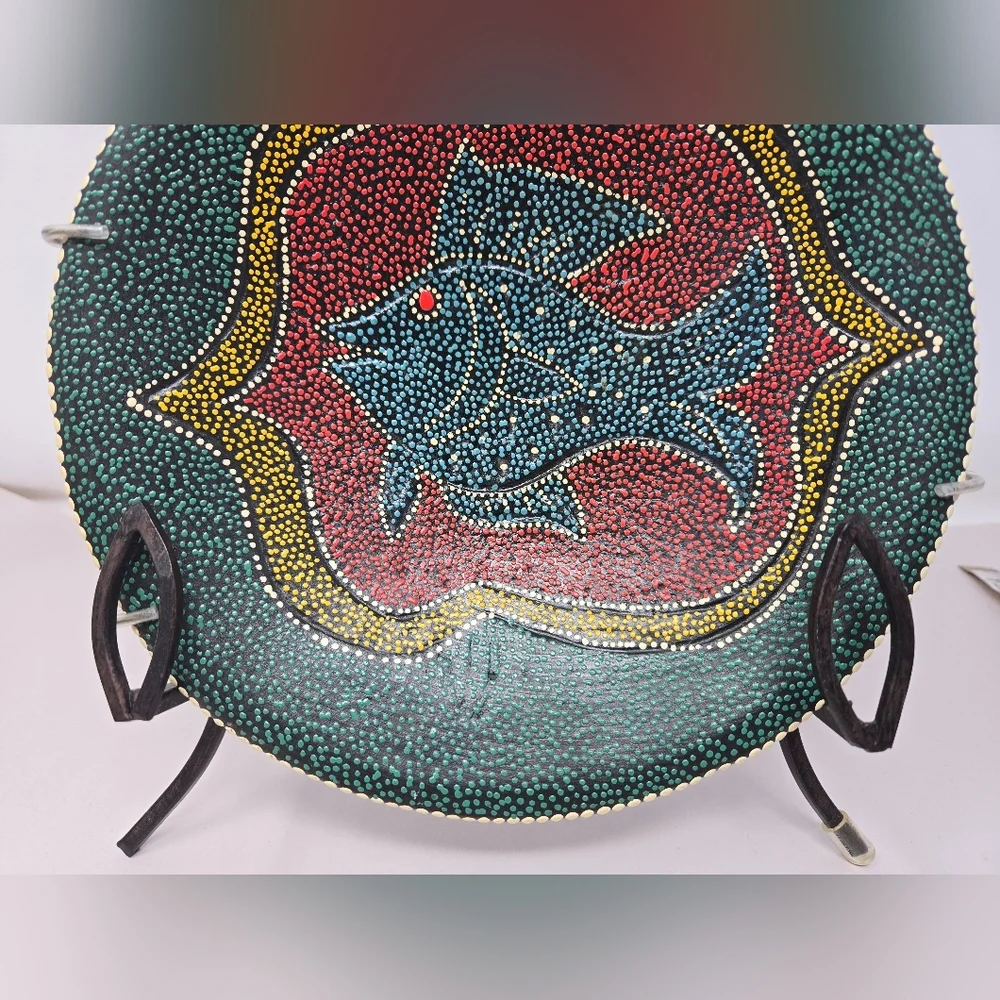 Ceramic Handmade Medium Bowl Decorative Art Dot Painted Fish Ocean Beach